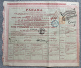 PANAMA - 1893 - REVENUE: Complete 'Compagnie Universelle du Canal Interoceanique de Panama' STOCK CERTIFICATE elaborately printed with added red on yellow perforated label inscribed 'CONTROLE CANAL INTEROCEANIQUE DE PANAMA' showing two Goddesses over the Canal tied by fancy 'Text' cancel with circular 'COMPAGNIE UNIVERSELLE DU CANAL INTEROCEANIQUE DE PANAMA' handstamp in blue and French Revenue mark in black all on front. One vertical fold at right. Very fine and attractive.  (PAN45746)