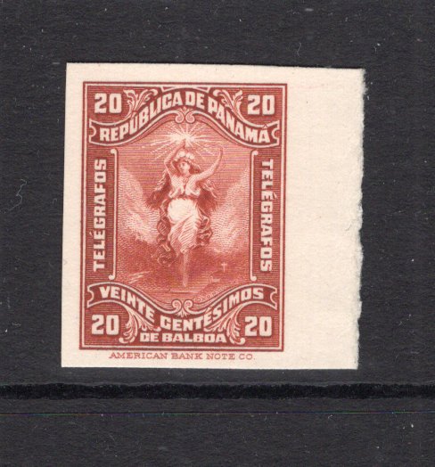 PANAMA - 1919 - TELEGRAPH ISSUE PROOF: 20c red brown 'Telegrafos' issue a fine IMPERF PLATE PROOF on thick card. Ex ABNCo. Archive. (Barefoot #22)  (PAN/5738)