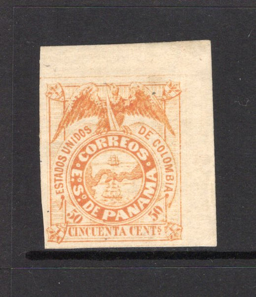 PANAMA - 1878 - CLASSIC ISSUES: 50c yellow orange on medium thick paper 'First Issue' a fine four margin corner copy mint with full original gum. (SG 4B)  (PAN/955)