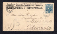 PARAGUAY - 1887 - POSTAL STATIONERY: 3c blue postal stationery card (H&G 8) used with small undated ASUNCION 'Star' cancel with CORREOS DE ASUNCION cds alongside. Addressed to GERMANY with BUENOS AIRES, ARGENTINA transit cds and German arrival cds all on front.  (PAR/10466)