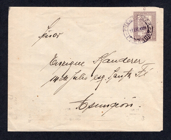 PARAGUAY - 1931 - POSTAL STATIONERY & CANCELLATION: 1p 50c dull violet on white postal stationery envelope with 'C' (Campana) imprint above stamp for use in rural post offices (H&G B5, Paraguay Postal Stationery catalogue #EN8) used with fine PUERTO MAX cds. Addressed to ASUNCION with arrival cds on reverse.  (PAR/10478)