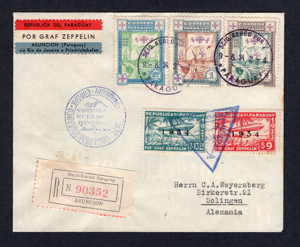 PARAGUAY - 1934 - ZEPPELIN: Registered cover franked with 1933 1p brown & blue green, 1p 50c emerald & blue and 2p green & sepia plus 1934 9p carmine and 13p 50c blue green 'Zeppelin' issue with '1934' overprint (SG 459/461, 470 & 471) tied by SCIO AEREO POSTAL PARAGUAY cds's dated 9 6. 1934 and by triangular 'Zeppelin' cachet with 'POR GRAF ZEPPELIN' airmail label and printed registration label all on front. Flown on LZ 127 on the 2nd South American flight, Paraguayan acceptance. Addressed to GERMANY with