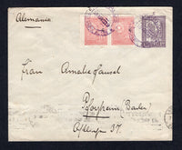 PARAGUAY - 1929 - POSTAL STATIONERY & CANCELLATION: 1p 50c dull violet postal stationery envelope with 'C' imprint above stamp (H&G B5, Paraguay Postal Stationery Catalogue #EN8, stamp set high) used with added pair 1927 50c scarlet 'C' overprint issue (SG 322) tied by two fine strikes of CORREOS TUCANGUA ALTOS cds dated 28 AUG 1929. Addressed to ASUNCION with arrival marks on reverse. Very fine.  (PAR/30694)