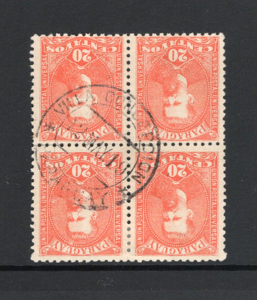 PARAGUAY - 1892 - CANCELLATION: 20c vermilion 'General P. Escobar' issue, a fine used block of four with central VILLA CONCEPCION cds dated 12 MAY 19 showing error in date '19' for '99'. (SG 48)  (PAR/43372)
