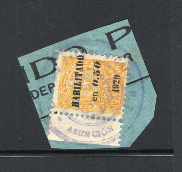 PARAGUAY - 1920 - TRAVELLING POST OFFICES & CANCELLATION: 50c on 80c yellow tied on small piece by good complete strike of undated ESTAFETA DEL FERROCARRIL No. 2 ASUNCION 'Arms' cancel in purple. Rare. (SG 243)  (PAR/43396)
