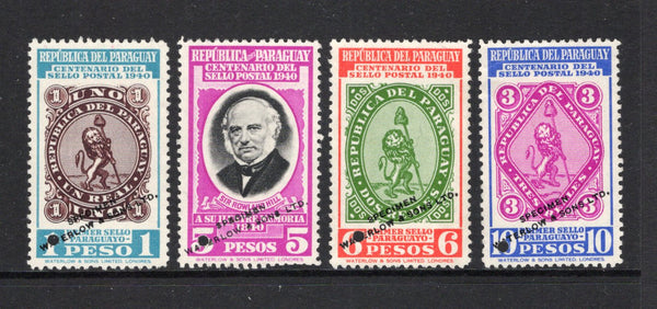 PARAGUAY - 1940 - PROOF: 'Centenary of the First Adhesive Postage Stamps' WATERLOW issue set of four COLOUR TRIALS in unissued colours, each stamp with 'SPECIMEN WATERLOW & SONS LTD.' overprint in black and small hole punch. (SG 552/555)  (PAR/43416)