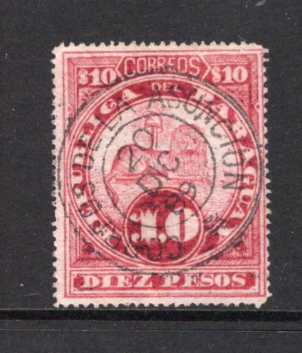 PARAGUAY - 1890 - BOGUS ISSUE: 10p carmine LION 'Couchant' large engraved perforated BOGUS issue produced by George Kirk Jeffryes and the London Gang. A superb used copy with CORREOS DE LA ASUNCION cds dated 20 DIC 1889. Very fine & scarce and rarely seen. A small article on these stamps accompanies.  (PAR/43421)