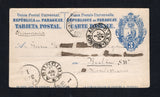 PARAGUAY - 1882 - POSTAL STATIONERY: 3c blue on white 'Lion' postal stationery card (H&G 2, Paraguay Postal Stationery Catalogue #PC2) used with fine ASUNCION cds dated 27 JUN 1882. Addressed to GERMANY with two different BUENOS AIRES transit cds's and German arrival marks all on front. Full commercial message on reverse. Card is creased but a very scarce early use, the earliest known being 21st May 1882.  (PAR/43446)