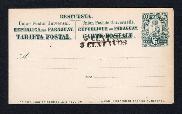 PARAGUAY - 1883 - POSTAL STATIONERY & VARIETY: '3 CENTAVOS' on 6c grey green on white 'Lion' postal stationery replycard (H&G 6, Paraguay Postal Stationery Catalogue #PC6b, reply half only) with variety '3 CENTAVOS' HANDSTAMP DOUBLE'. Moorhouse records only one known example which is this example. A rare and unique variety.  (PAR/43447)
