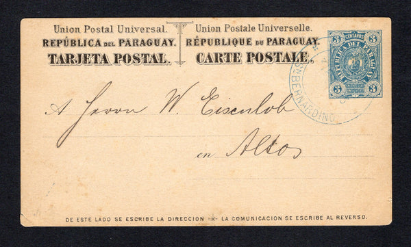 PARAGUAY - 1893 - POSTAL STATIONERY: 3c blue on buff 'Arms' postal stationery card (H&G 8) used with SAN BERNARDINO cds in blue dated 31 JAN 1893. Addressed internally to ALTOS and overpaid by 1c as this was the overseas card. Bottom left corner reinforced.  (PAR/43450)