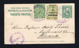 PARAGUAY - 1907 - POSTAL STATIONERY & LION ISSUE: 2c green postal stationery card (H&G 9) used with added 1905 20c yellow green LION issue and 1907 5c on 2c olive green LION 'Surcharge' issue (SG 122 & 145) tied by SAN BERNARDINO cds's in purple dated 16 DIC 1907. Addressed to GERMANY with blurred ASUNCION transit cds on front. An unusual 27c franking.  (PAR/43451)