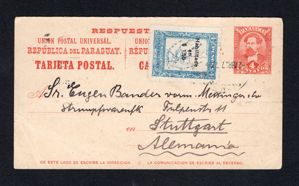 PARAGUAY - 1927 - POSTAL STATIONERY: 4c + 4c brownish red postal stationery replycard (H&G 12 reply half only) used with added 1926 $1.50 on 4p pale blue 'Map' issue (SG 282)  tied by ASUNCION machine cancel dated 2 ABR 1927. Addressed to GERMANY. Very late use.  (PAR/43455)