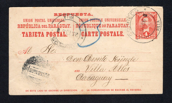 PARAGUAY - 1927 - POSTAL STATIONERY: 4c + 4c brownish red postal stationery replycard (H&G 12 reply half only) datelined 'San Lorenzo del C. Grande, Febrero de 1906' used with an unclear SAN LORENZO DEL C. GRANDE cds in black dated 22 FEB 1906. Addressed to VILLA ALTOS with two strikes of VILLA arrival cds dated 23 FEB 1906 also on front. A scarce correct return use of the reply card.  (PAR/43456)