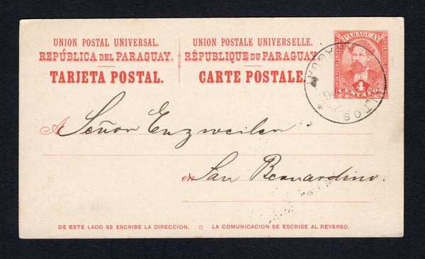 PARAGUAY - 1896 - POSTAL STATIONERY: 4c brownish red postal stationery card (H&G 10) used with ALTOS cds dated 1896. Addressed internally to SAN BERNARDINO with arrival cds on reverse.  (PAR/43457)