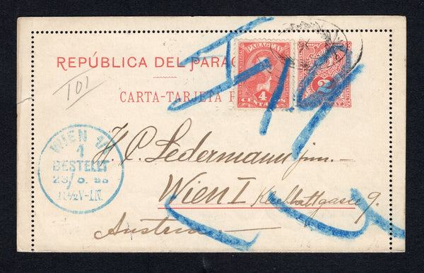PARAGUAY - 1893 - POSTAL STATIONERY, OFFICIAL MAIL & CANCELLATION: 2c red on white 'Arms' postal stationery lettercard (H&G A1, with outer perforations intact) with oval 'ANTONIO ZILLICH PROCURADOR JUDICIAL ASUNCION' official cachet on reverse used with added 1892 4c rose 'Portrait' issue (SG 44) tied by good strike of the oval OFFICIAL 'Wreath' cancel in black. Addressed to AUSTRIA with transit & arrival marks on front & reverse plus some blue crayon 'unclaimed' markings applied on arrival.  (PAR/43458)