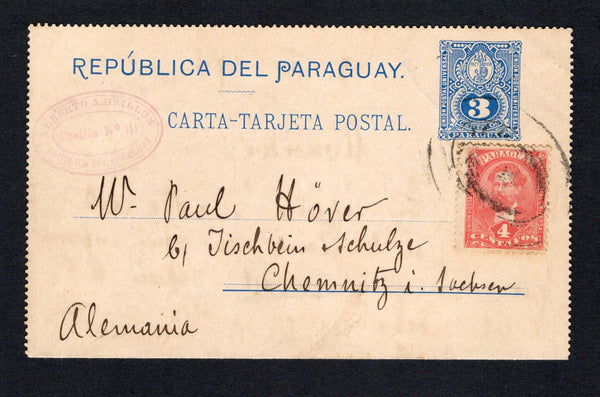 PARAGUAY - 1894 - POSTAL STATIONERY, OFFICIAL MAIL & CANCELLATION: 3c blue on white 'Arms' postal stationery lettercard (H&G A2, with outer perforations removed) with oval 'ALBERTO A GRILLON CASILLA No.111 ASUNCION DEL PARAGUAY' official cachet on front used with added 1892 4c rose 'Portrait' issue (SG 44) tied by good strike of the oval OFFICIAL 'Wreath' cancel in black. Addressed to GERMANY with arrival cds on reverse.  (PAR/43459)