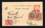 PARAGUAY - 1902 - POSTAL STATIONERY: 2c brownish carmine postal stationery lettercard (H&G A4, with outer perforations removed) used with added 1892 pair 14c brown 'Portrait' issue and 1901 10c rose red 'Arms' issue (SG 47 & 81) tied by EXPEDICION ASUNCION Cds's dated 30 JAN 1902. Addressed to FRANCE.  (PAR/43463)