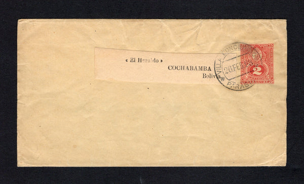 PARAGUAY - 1893 - POSTAL STATIONERY & CANCELLATION: 2c carmine on buff postal stationery wrapper (H&G E1) used with fine strike of VILLA COMCEPCION cds dated 26 FEB 1893. Addressed to BOLIVIA.  (PAR/43467)