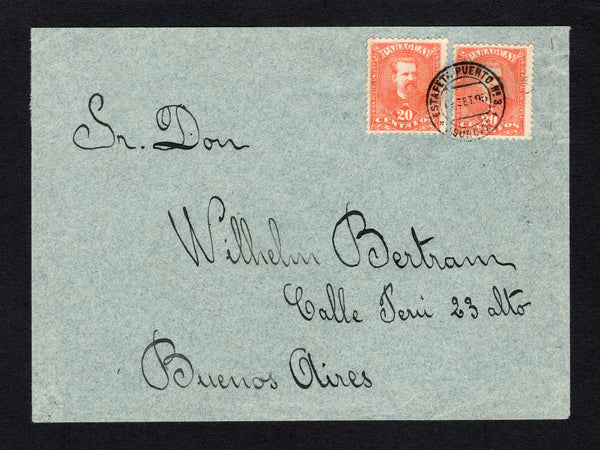 PARAGUAY - 1895 - CANCELLATION: Cover franked with 2 x 1892 20c vermilion 'Portrait' issue (SG 48) tied by fine strike of small ESTAFETA PUERTO No.3 ASUNCION cds dated SET 1895. Addressed to ARGENTINA with arrival cds on reverse.  (PAR/43475)