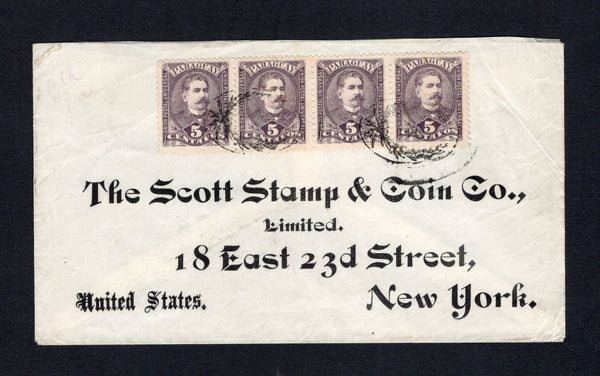 PARAGUAY - 1893 - OFFICIAL MAIL & CANCELLATION: Cover with 'ALBERTO A GRILLON CASILLA No.111 ASUNCION DEL PARAGUAY' official cachet in magenta on reverse franked with strip of four 1892 5c dull purple 'Portrait' issue (SG 45) tied by two fine strikes of the oval OFFICIAL 'Wreath' cancel in black. Addressed to USA with arrival cds's on reverse.  (PAR/43480)