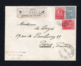 PARAGUAY - 1901 - REGISTRATION & AR: Registered AR cover with 'Legacao do Brasil no Paraguay' handstamp on front and circular 'Legacao da Republica dos Estados Unidos do Brasil  do Paraguay' ARMS cachet on reverse franked with 1892 80c pale blue 'Arms' issue and 1900 2 x 10c carmine 'Arms' issue (SG 52 & 71) tied by CERTIFICADOS ASUNCION cds's dated 8 MAY 1901 with printed black & white 'ASUNCION' registration label alongside. Addressed to FRANCE with arrival cds on reverse. The 80c is scarce used on cover