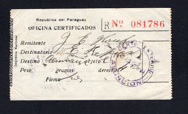 PARAGUAY - 1928 - REGISTERED RECEIPT: Printed 'Republica del Paraguay OFICINA CERTIFICADOS' registered receipt with CERTIF EXTERIOR ASUNCION cds dated 18 JUN 1928. Addressed to NUEVA GERMANIA.  (PAR/43486)