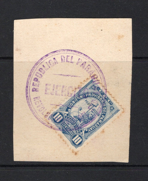 PARAGUAY - 1904 - REVOLUTIONARY ISSUE & CANCELLATION: 10c blue LION issue inscribed 'GOBIERNO PROVISORIO DEL PARAGUAY AGOSTO 1904' tied on piece by fine strike of undated REPUBLICA DEL PARAGUAY EJERCITO REVOLUCIONARIO DEL SUD cancel in purple. This cancel was from the 1904 Liberal revolution against the rule of the National Republican Association 'Colorado Party' headed by Juan Antonio Escurra. A rare and unusual item. (SG 106)  (PAR/43503)