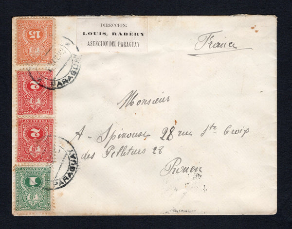 PARAGUAY - 1892 - ARMS ISSUE: Cover franked with 1887 1c pale green, pair 2c scarlet and 15c orange 'Arms' issue (SG 32/33 & 37) tied by ASUNCION cds's dated 1 MAY 1892 with small 'DIRECCION LOUIS RABERY ASUNCION DEL PARAGUAY' return address label alongside. Addressed to FRANCE with BUENOS AIRES transit and French arrival cds's on reverse. Some light toning around stamps.  (PAR43525)