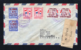 PARAGUAY - 1957 - UNITED NATIONS & UNOFFICIAL ISSUE: Registered airmail cover franked with 1957 pair 1G cerise and pair 1.30G brown purple (SG 804/805) plus pair of 90c ultramarine 'Arms' issue with 'DIA N. UNIDAS 24 Octubre 1945-1956' unofficial overprint in red (See note in SG Page 321) tied by ASUNCION cds's dated 24 OCT 1957 with printed registration label alongside. Addressed to ARGENTINA with arrival cds on reverse.  (PAR43526)