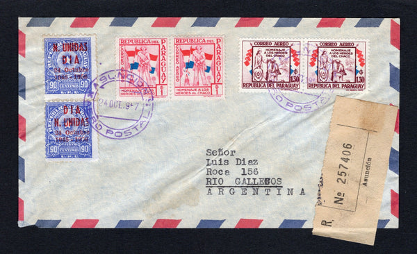 PARAGUAY - 1957 - UNITED NATIONS & UNOFFICIAL ISSUE: Registered airmail cover franked with 1957 pair 1G cerise and pair 1.30G brown purple (SG 804/805) plus pair of 90c ultramarine 'Arms' issue with 'DIA N. UNIDAS 24 Octubre 1945-1956' unofficial overprint in red (See note in SG Page 321) tied by ASUNCION cds's dated 24 OCT 1957 with printed registration label alongside. Addressed to ARGENTINA with arrival cds on reverse.  (PAR43526)