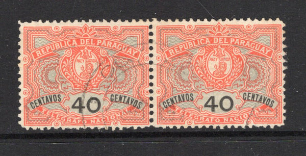 PARAGUAY - 1900 - POSTAL TELEGRAPH: 40c vermilion, black & grey 'Telegraph' issue, a fine pair postally used with light cds dated 1900, the correct period of authorised use. (SG 66)  (PAR43547)