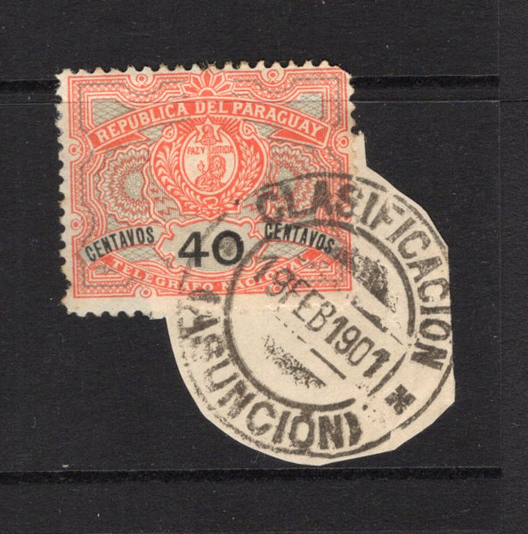 PARAGUAY - 1900 - POSTAL TELEGRAPH: 40c vermilion, black & grey 'Telegraph' issue postally used on piece tied by CLASIFICACION ASUNCION cds dated 19 FEB 1901, the correct period of authorised use. (SG 66)  (PAR43548)
