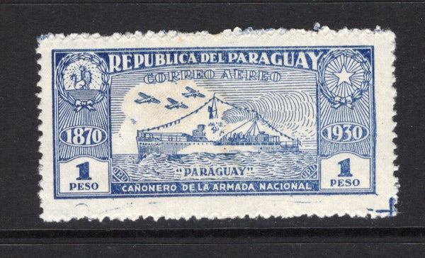 PARAGUAY - 1931 - VARIETY: 1p deep blue 'Gunboat Paraguay' issue, a fine mint copy with 'Exploding Funnel' variety, position 50 in the sheet. (SG 413, Kneitschel #73a)  (PAR43565)
