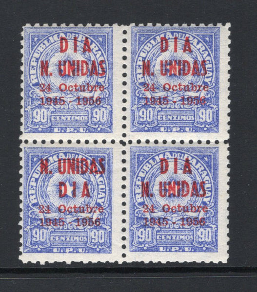PARAGUAY - 1956 - UNITED NATIONS & UNOFFICIAL ISSUE: 90c ultramarine 'Arms' issue with 'DIA N. UNIDAS 24 Octubre 1945-1956' unofficial overprint in red, a fine mint block of four. (See note in SG Page 321)  (PAR43568)