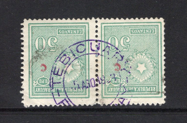 PARAGUAY - 1927 - CANCELLATION: 50c blue green with small 'c' overprint in red, a fine used pair with fine strike of TEBICUARY cds dated 5 AGO 1938. (SG 326)  (PAR43570)