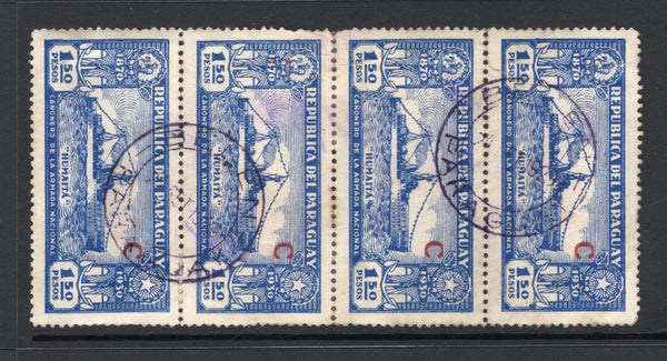 PARAGUAY - 1931 - CANCELLATION: 1p blue 'Gunboat Humaita' issue with large 'C' overprint in red, a good used strip of four with two strikes of BELEN cds with an error of date showing 24 SET 1929. Small faults. (SG 413)  (PAR43571)