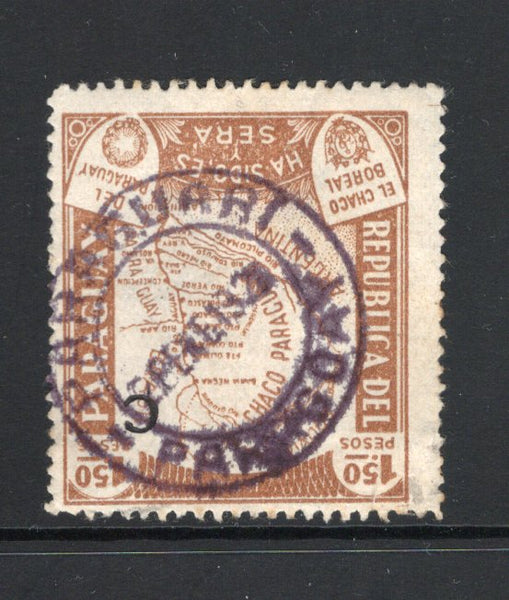 PARAGUAY - 1932 - CANCELLATION: 1p 50c bistre brown 'Chaco Boundary Dispute' MAP issue with 'C' overprint in black, a fine used copy with complete strike of PARAGUARI cds in purple dated 28 JAN 1929 with year date error. (SG 443)  (PAR43572)