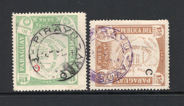 PARAGUAY - 1932 - CANCELLATION: 1p 50c bistre brown and 1p 50c emerald green 'Chaco Boundary Dispute' MAP issue with 'C' overprints in black or red, both fine used with complete strikes of PIRAYU cds. (SG 443/444)  (PAR43573)