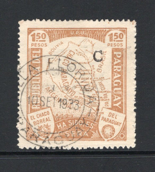 PARAGUAY - 1932 - CANCELLATION: 1p 50c bistre brown 'Chaco Boundary Dispute' MAP issue with 'C' overprint in black, a fine used copy with good strike of VILLA FLORIDA cds in black dated 10 SET 1933. (SG 443)  (PAR43574)