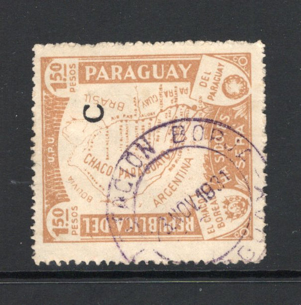 PARAGUAY - 1932 - CANCELLATION: 1p 50c bistre brown 'Chaco Boundary Dispute' MAP issue with 'C' overprint in black, a fine used copy with good large part strike of ESTACION BORJA cds in black dated 23 NOV 1931, with a likely year date error 1931 for 1932. (SG 443)  (PAR43575)