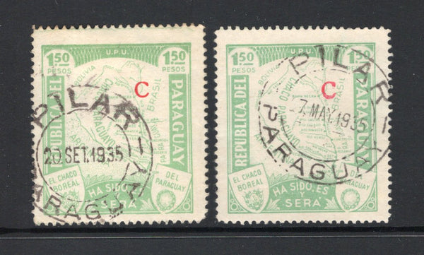 PARAGUAY - 1932 - CANCELLATION: 1p 50c emerald green 'Chaco Boundary Dispute' MAP issue, two copies with 'C' overprint in red, both fine used with complete strikes of PILAR cds in black dated 7 MAY and 20 SET 1935. (SG 444)  (PAR43576)