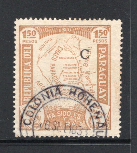 PARAGUAY - 1932 - CANCELLATION: 1p 50c bistre brown 'Chaco Boundary Dispute' MAP issue with 'C' overprint in black, a fine used copy with good large part strike of COLONIA HOHENAU cds in black dated 6 SET 1933. (SG 443)  (PAR43577)