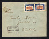 PARAGUAY - 1925 - EXPRESS MAIL: Cover franked with pair 1922 1p brown & blue (SG 255A) tied by light strike of boxed 'SERVICIO POR EXPRESO' cachet in black with additional fine strike alongside with '14' express number inserted in manuscript and large 'Oficina de Poste Restante (Servicio por expreso)' label attached on reverse with the sender and addressee details and a third strike of the express cachet. Addressed locally. Fine and very rare, thus far being the unique example of Paraguayan express mail.  