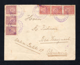 PARAGUAY - 1914 - CANCELLATION & GERMAN COLONY: Cover franked with 1913 strip of three 5c dull mauve and 3 x 20c rose 'Arms' issue (228 & 230) tied by multiple strikes of COLONIA NVA GERMANIA cds dated 11 FEB 1914. Addressed to GERMANY with illustrated black & white 'Pr Stargard Am Kanal' cinderella label on reverse with ASUNCION transit cds.  (PAR43841)