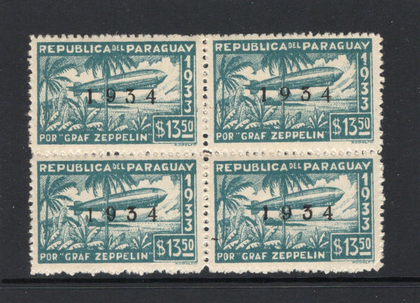 PARAGUAY - 1934 - ZEPPELIN & VARIETY: 13.50p blue green 'Graf Zeppelin' issue overprinted '1934' a fine mint block of four with variety 'STRAIGHT FOOT TO 9' on top right hand set. (SG 471 & 471a)  (PAR44045)