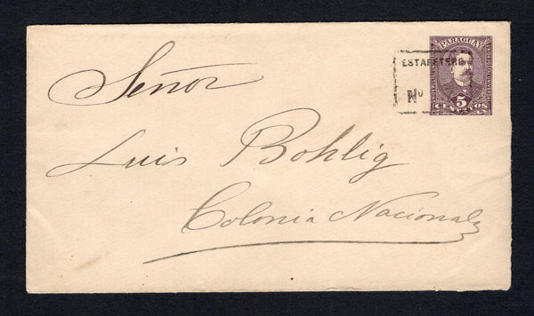 PARAGUAY - 1896 - POSTAL STATIONERY & CANCELLATION: Circa 1896. 5c dull violet postal stationery envelope (H&G B3) with oval 'F. RUFFINELLI VILLA RICA' company handstamp in purple on reverse used with good strike of undated boxed ESTAFETERO No.7 cancel in black. Addressed to COLONIA NACIONAL. A scarce marking.  (PAR44329)