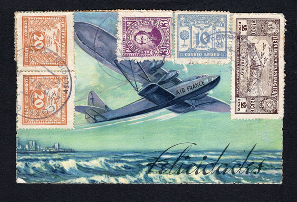 PARAGUAY - 1936 - AIRMAIL & CHRISTMAS GREETINGS CARD: Printed AIR FRANCE 'Felicidades' colour Christmas & New Year greetings postcard showing an Air France plane taking off over the ocean franked on front & reverse with 1935 1927 3p violet, 1931 2p sepia and pair 10p yellow brown 'Gunboat Paraguay' issue and 1931 10c pale ultramarine and pair 20c yellow brown AIR issue (SG 311, 400, 410, 421 & 425) all tied by large ASUNCION 'Airship' cancels dated 25 12 1936. Addressed to GERMANY. A rare use of the Air Fr