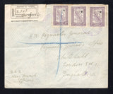 PARAGUAY - 1930 - CANCELLATION: Registered cover franked with 3 x 1927 1p 50c lilac overprinted with large 'C' for use by Rural post offices (SG 334) tied by two strikes of SAN IGNACIO DE LAS MISIONES dated 19 MAY 1930 with plain printed black on white registration label with manuscript 'San Ignacio' added alongside. Addressed to UK with ASUNCION transit cds on reverse.  (PAR44435)