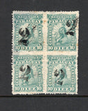 PARAGUAY - 1881 - PROVISIONAL ISSUE & MULTIPLE: 2c on 10c bluish green 'Lion' issue with surcharge in dull pale black. An unused block of four with partial doubling of the handstamp on the top left stamp. The block has archival paper attached to the reverse. A scarce multiple. (SG 19A)  (PAR44953)