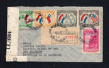 PARAGUAY - 1943 - DESTINATION & CENSORED MAIL: Registered censored airmail cover franked with 1939 5p olive, 30p orange, 50p sepia & 100p emerald green 'Chaco Boundary Peace Conference' first issue and 1940 10p magenta 'Chaco Boundary Peace Conference' second issue (SG 522, 524/526 & 540) all tied by ASUNCION cds's dated 7 ABR 1943 with printed registration label alongside. Addressed to EL SALVADOR, routed via TRINIDAD with printed black on white 'OPENED BY EXAMINER I.E./8004' P.C.90 censor strip at left a